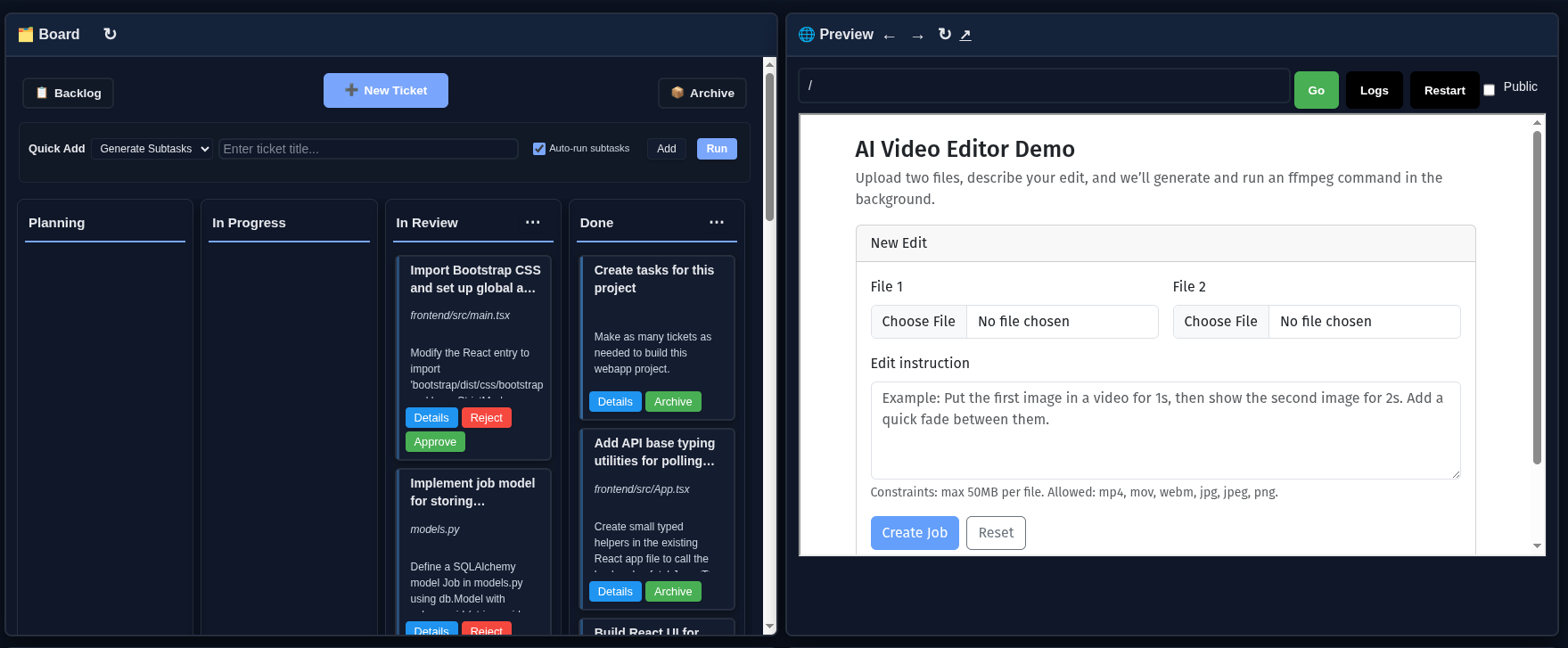 Main Dashboard showing board, code editor, preview, and assistant panels