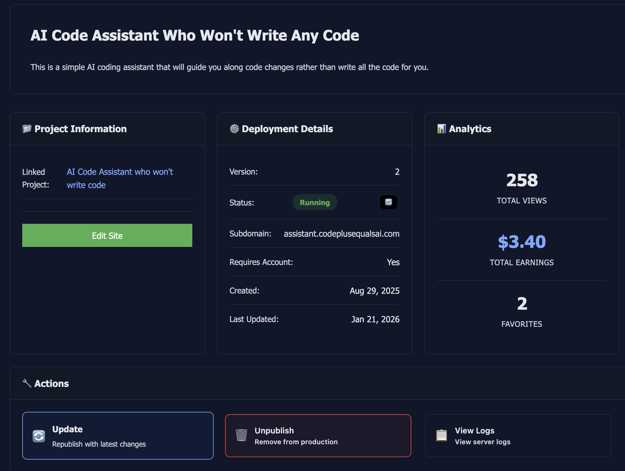 Deployment Admin Interface showing earnings and statistics