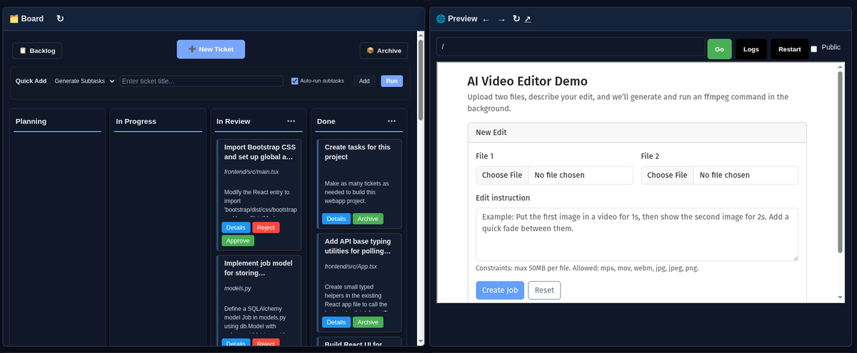 Dashboard showing board, code editor, preview, and assistant panels